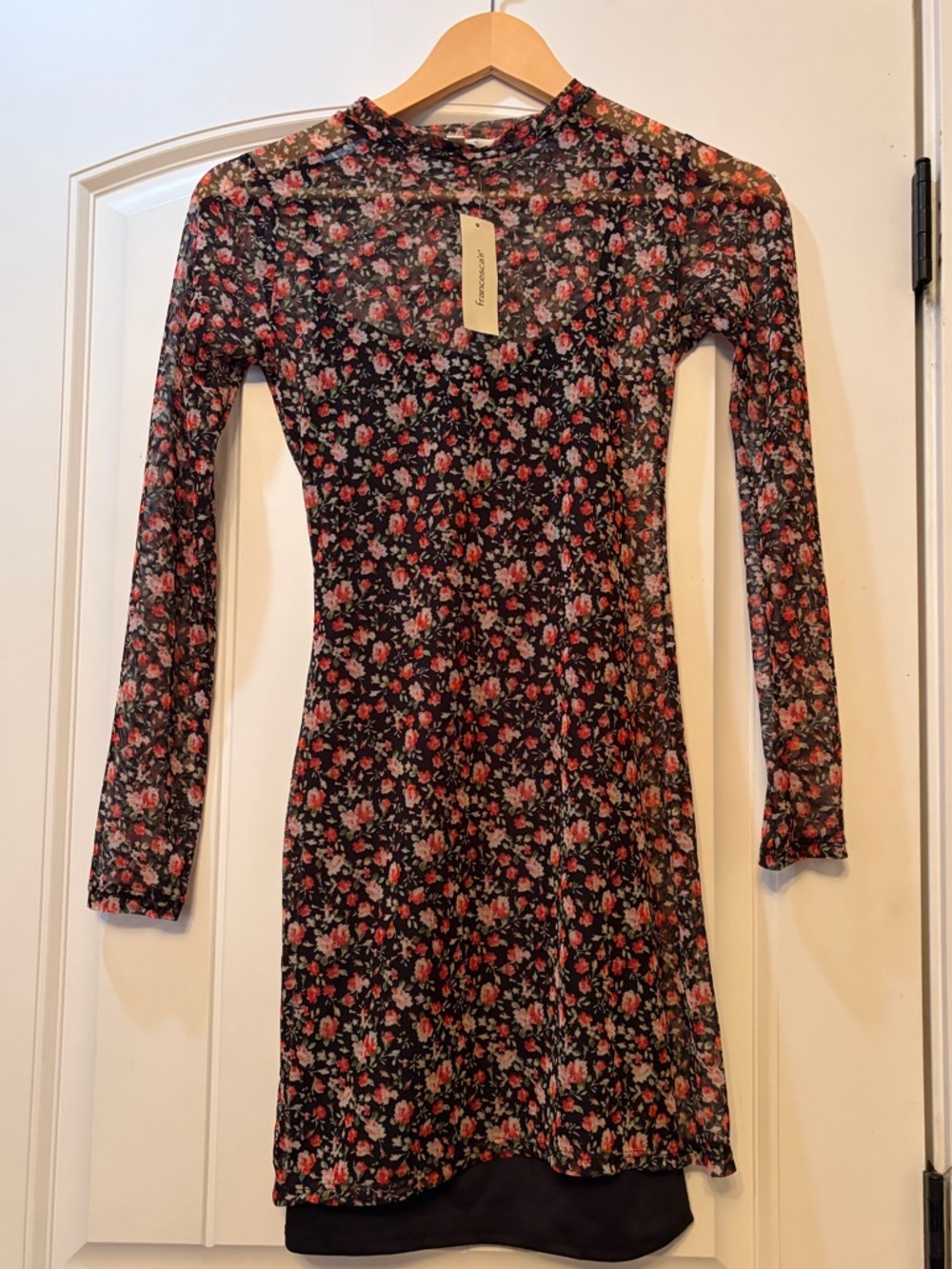 Francesca's Collections Black Long-Sleeve Mesh Dress with Pink Floral Print